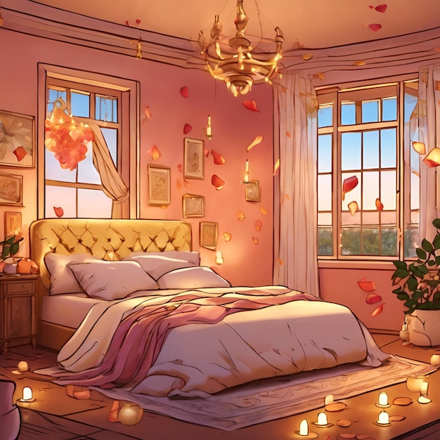 Produce a comicstyle illustration showcasing a golden hour romantic bed scenery adorned with cand