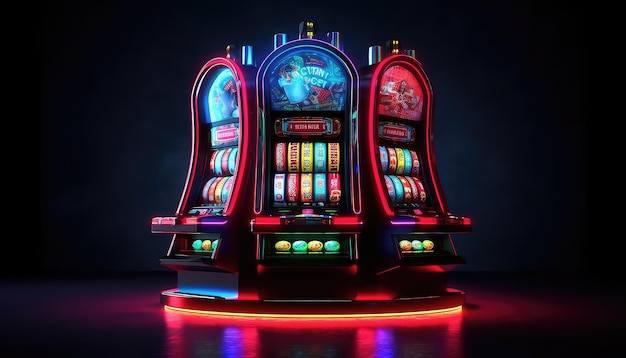 Produce an image of a futuristic slot machine with a digital display