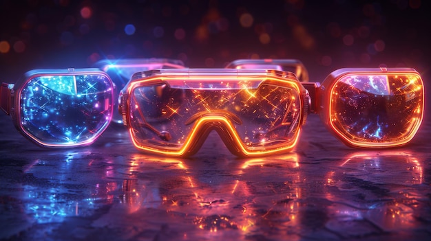 Produce a neon set of augmented reality symbols including shimmering