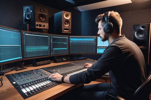 Producer audio engineer uses a control panel and screen to record a track of a new album