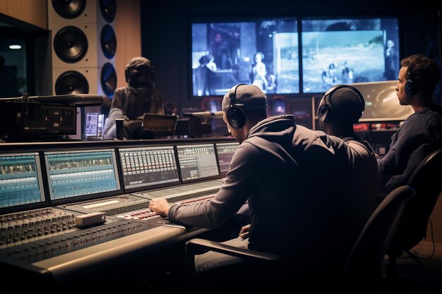 Photo producers and technicians collaborating in the control room during a live band session generative ai