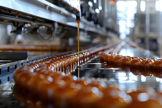 Photo producing croissants on a factory line conveyor