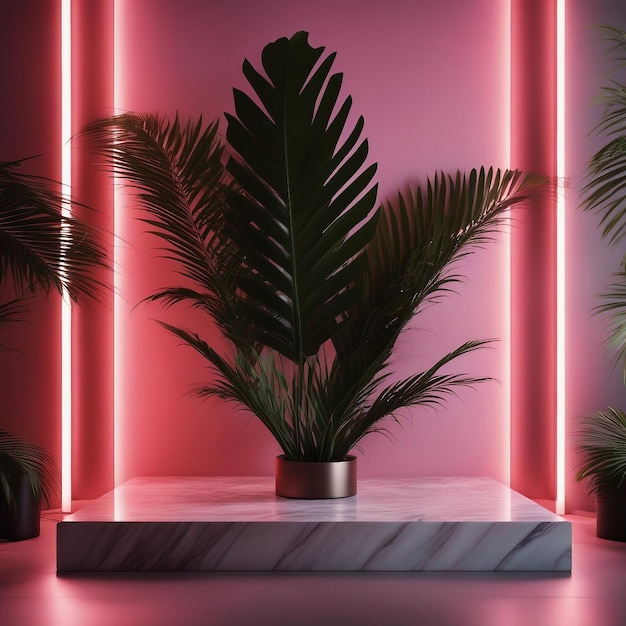 product achtergrond moderne stijl met neon marmer podium en palmblad