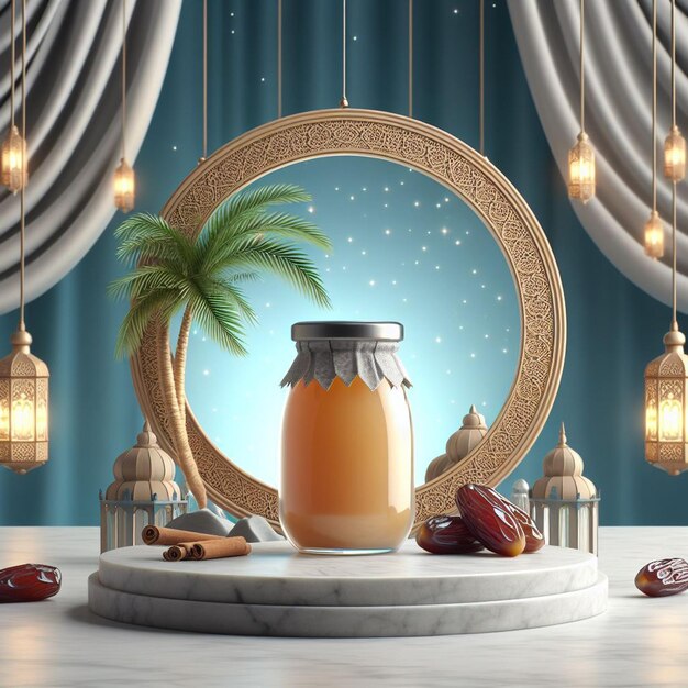 Product advertisement or date juice drink brochure on a round podium generated by AI