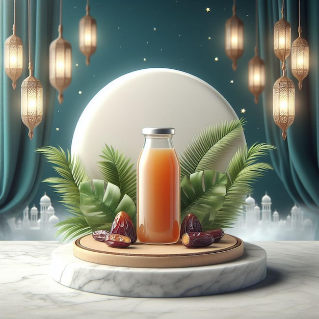 Photo product advertisement or date juice drink brochure on a round podium generated by ai