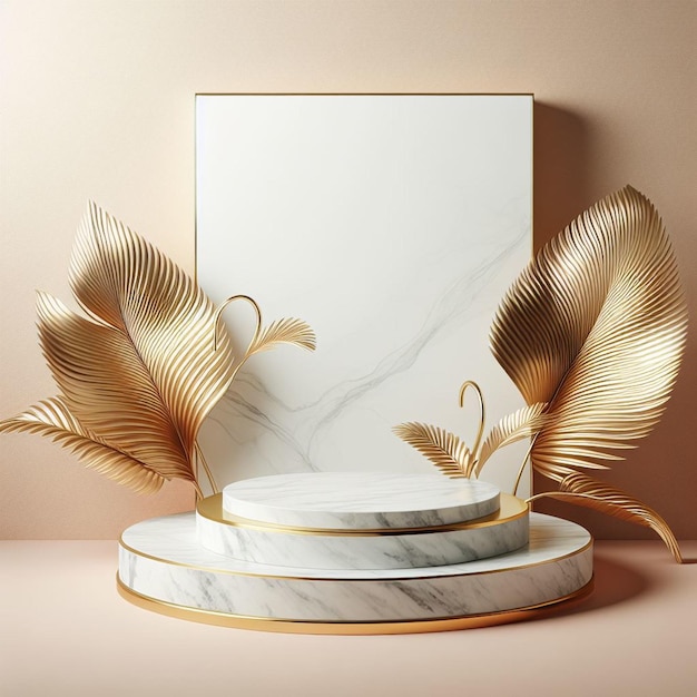 Фоновый продукт в современном стиле с мраморным подиумом и золотым пальмовым листом