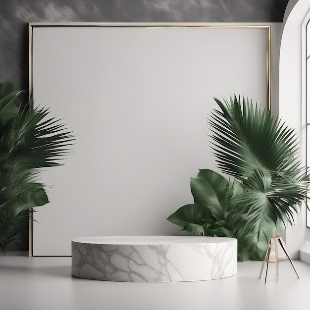 product backdrop modern style with marble podium and palm leaf