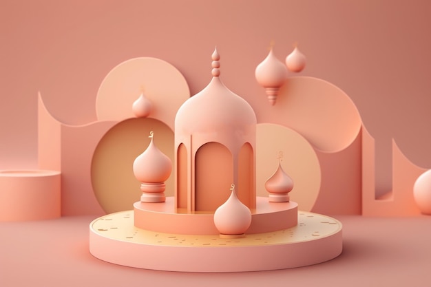 Product backgrounds for illustrations minimal podium pedestal in a soothing coral hue Background of Ramadan Kareem