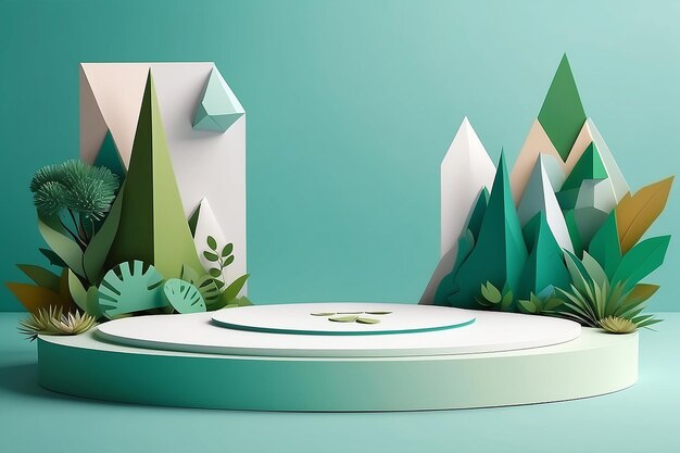 Product banner podium platform with geometric shapes and nature background paper illustration and 3d paper