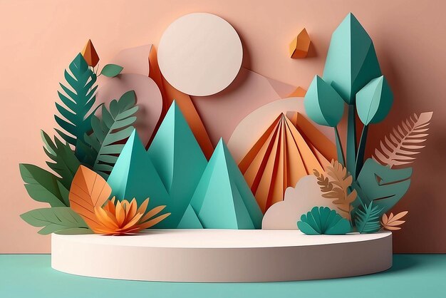Product banner podium platform with geometric shapes and nature background paper illustration and 3d paper