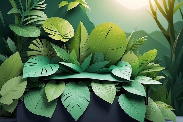 Product banner podium platform with geometric shapes and nature background paper illustration and 3d paper