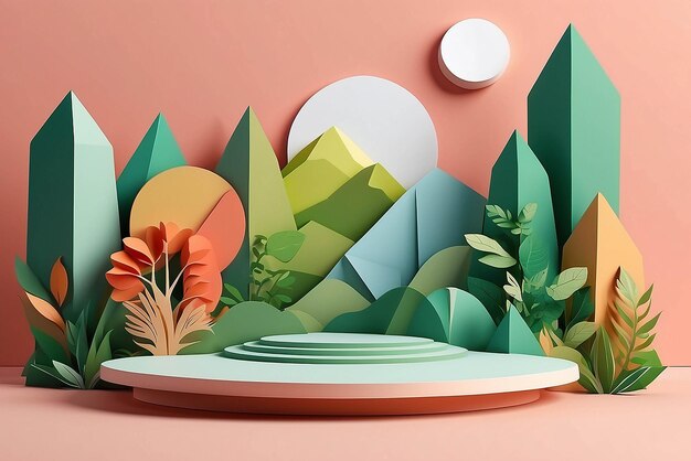 Product banner podium platform with geometric shapes and nature background paper illustration and 3d paper