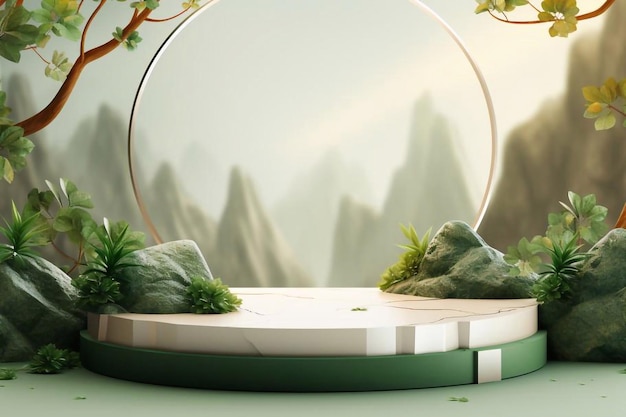 Product banner podium platform with geometric shapes and nature background