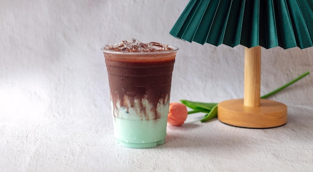 Product Cold drink menu of mixed cocoa chocolate mint drink in a plastic glass