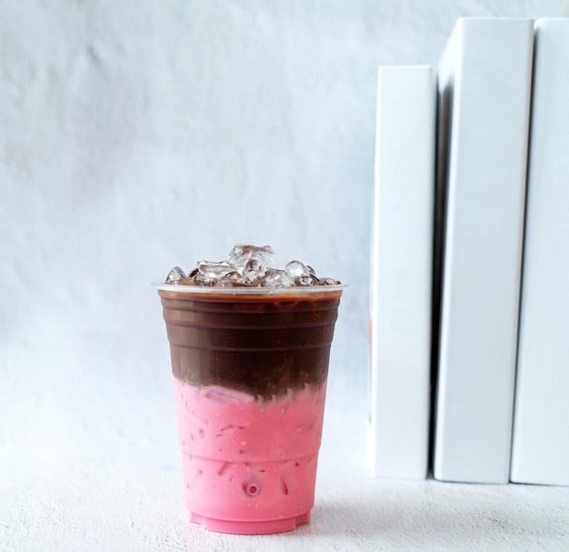 Product Cold drink menu of smoothly mixed cocoa chocolate Strawberry drinks in a plastic glass