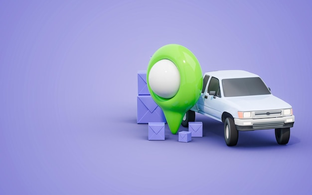 화물 트럭 및 위치 기호 3d 렌더링 개념을 사용한 제품 배달 서비스 택배 운송