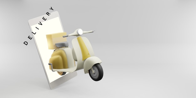 Photo product delivery via phone application with a wheeled motorcycle 3d illustration