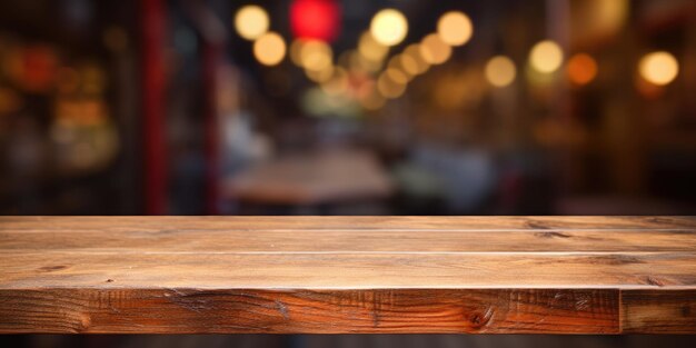 Product display on empty wooden table or counter in a cafeteria bar or coffeeshop backdrop