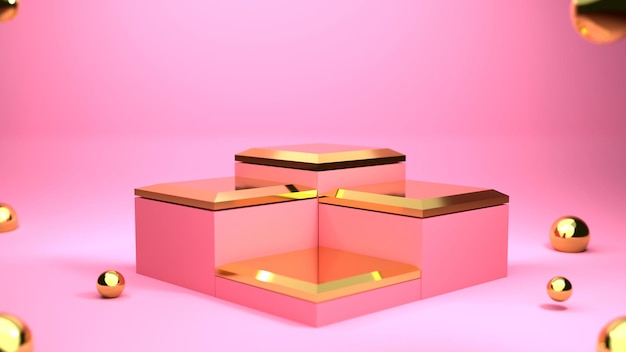 製品はピンクの背景の3Dレンダリングで4つの立方体の表彰台を表示します