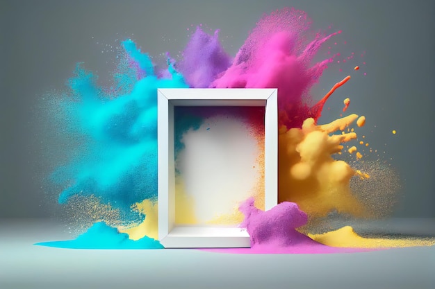 Product display frame with colorful powder paint explosion Generative ai