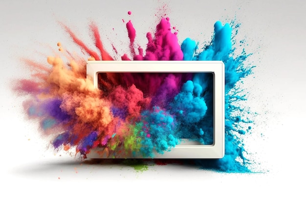 Product display frame with colorful powder paint explosion on white Generative AI