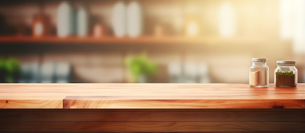 ぼやけたキッチンの背景と木製のデスクスペースを備えたビジネスプレゼンテーションの製品表示モンタージュ