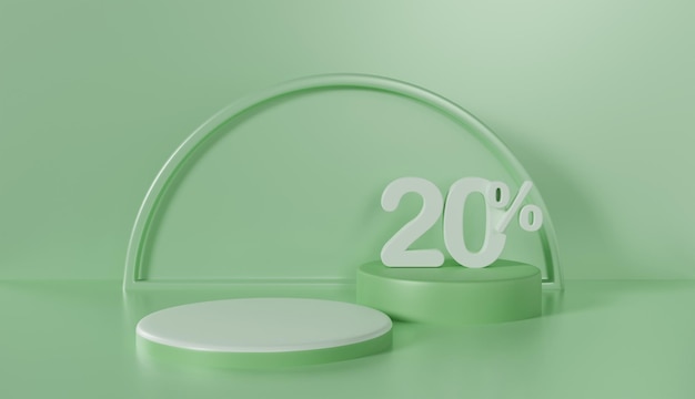 緑の背景に 20% オフで装飾された製品展示表彰台