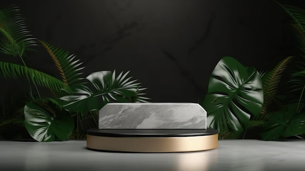 Product display podium decorated with pearls and leaves Marble podium