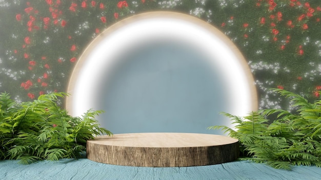 product display podium decorated with tropical leaves wooden circle blue background 3d rendering