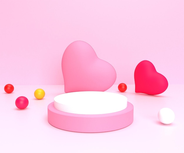 Product display podium and heart shape balloons 3d rendering