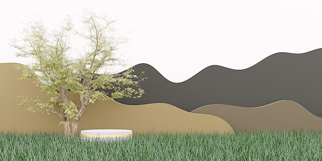 Product display podium meadows trees and mountains natural landscape 3D illustration