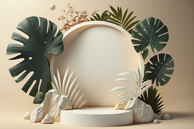 Product display podium for natural product Empty scene with tropical leaves Generative ai