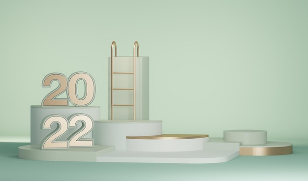 Display del prodotto podio verde pastello geometria sfondo felice anno nuovo vacanza 2022 3d render