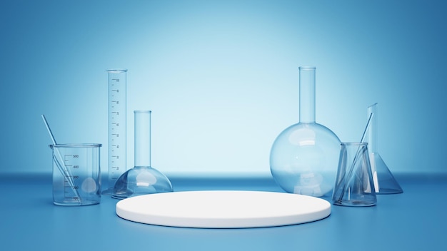Photo product display podium and set of laboratory glassware 3d rendering 3d illustration