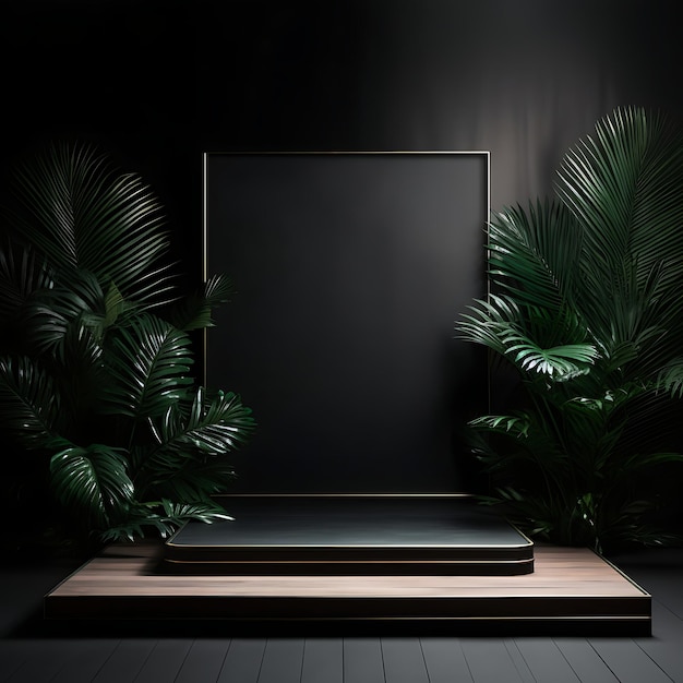 Product Display Podium Stage On Black Studio Background with Palm Leaves