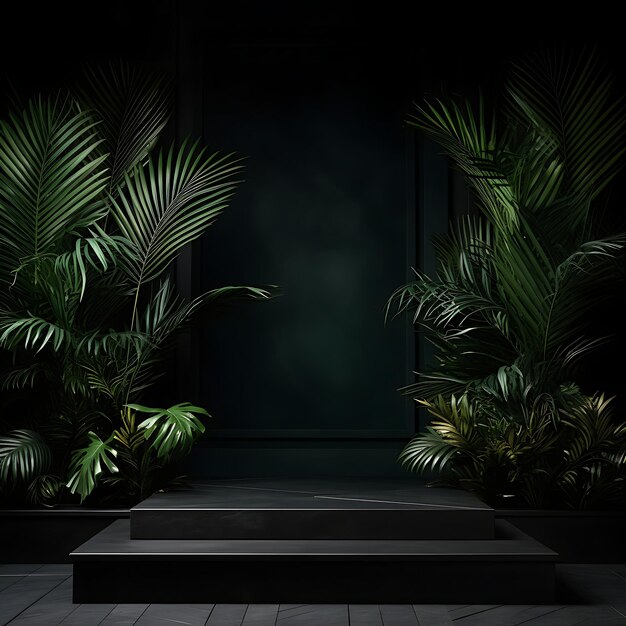 Product Display Podium Stage On Black Studio Background with Palm Leaves