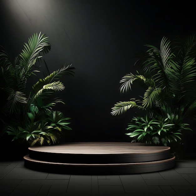 Product Display Podium Stage On Black Studio Background with Palm Leaves