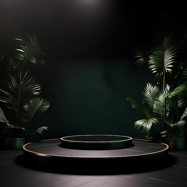 Foto product display podium stage op zwarte studio achtergrond met palmbladeren