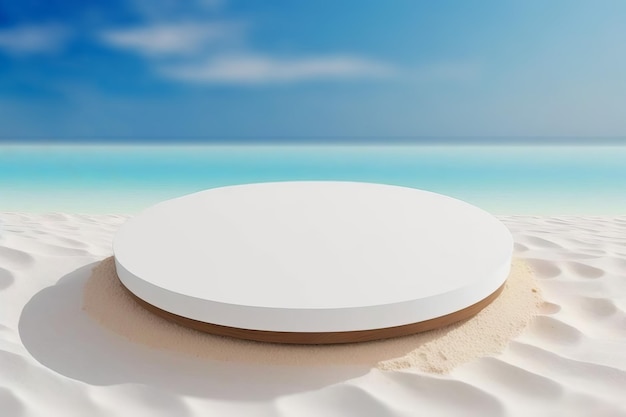 Product display podium on a tropical sand beach with ocean Generative ai