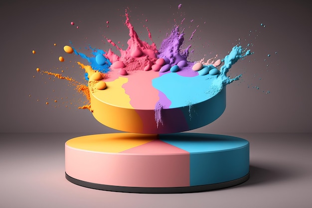 Product display podium with colorful powder paint explosion Generative ai