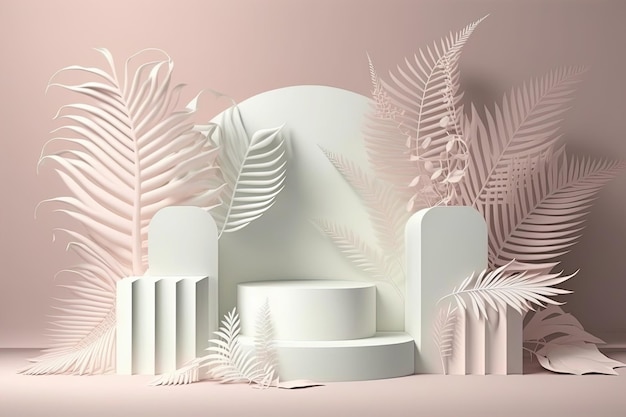 Product display podium with geometric platform and leaves on pink background