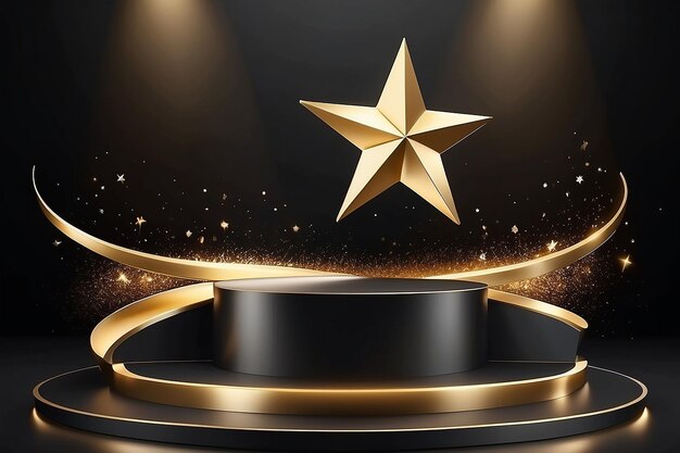 Photo product display podium with golden curve line decoration and gold light effect elements and star with bokeh black luxury style background