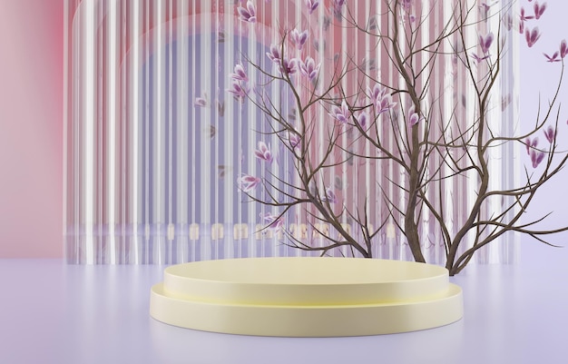 Product display podium with magnolia and glass 3D rendering