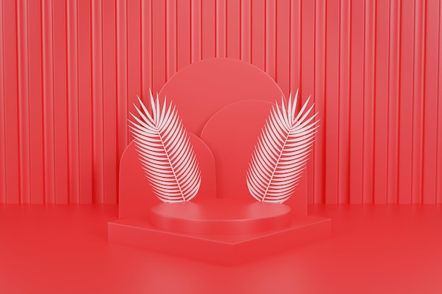 Product display podium with nature leaves on red background. 3D rendering