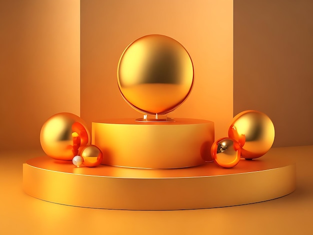 Product display podium with shining golden ball with orange background orange product display podium