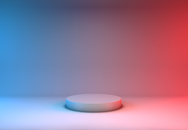 파란색과 빨간색 배경에 제품 디스플레이 스탠드 3D 렌더링