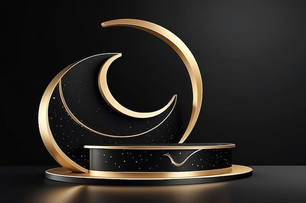 Product display stand with golden curve decoration and starlight effect elements Black luxury style background