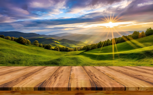 Photo product display table green medows and sunrise in the background