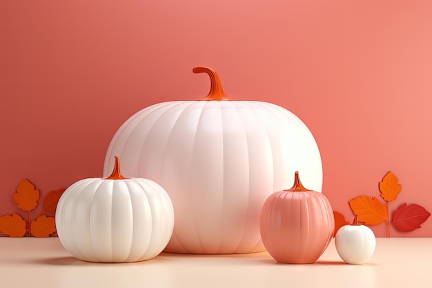 가을과 할로윈을 상징하는 파스텔 핑크와 오렌지 컬러의 세라믹 호박을 활용한 제품 디스플레이