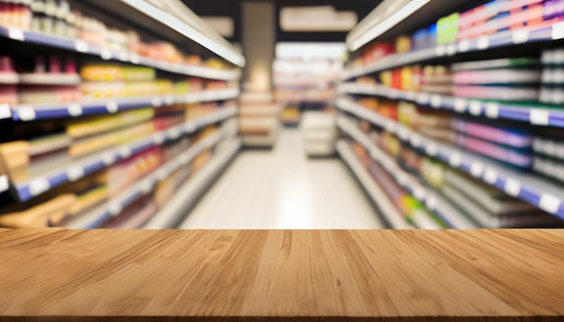 product display wooden table with supermarket blur background